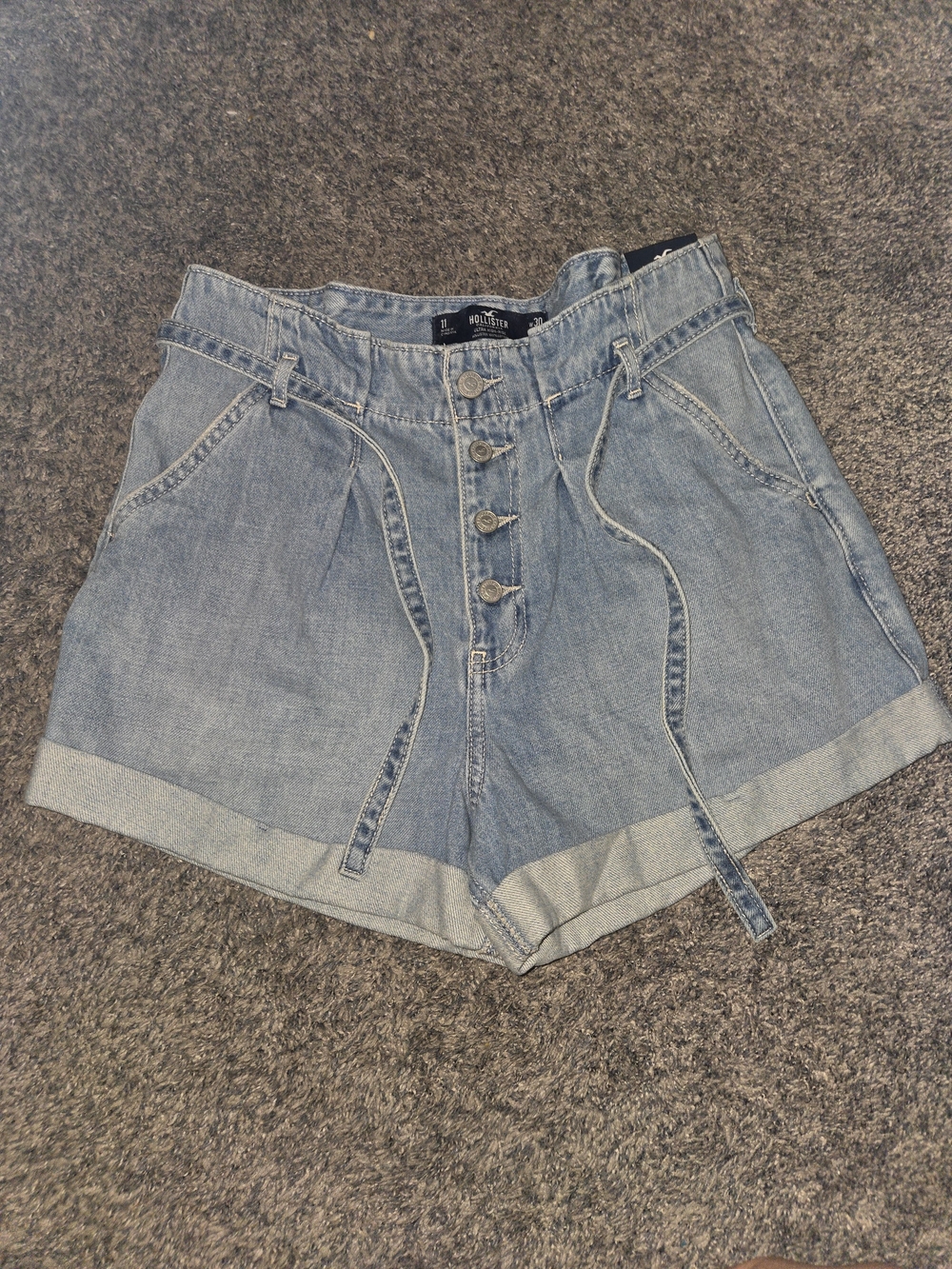 Hollister Light Wash Denim Tie-Belt High-Rise Shorts - Picture 1 of 4